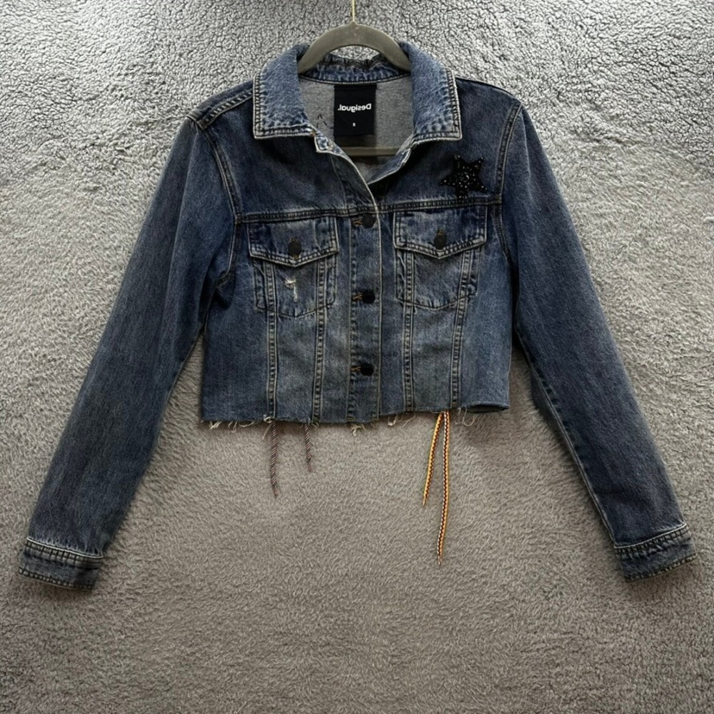 Desigual Women's Small Power Graphic Crop Denim Jacket Beaded Star Lace Up Back